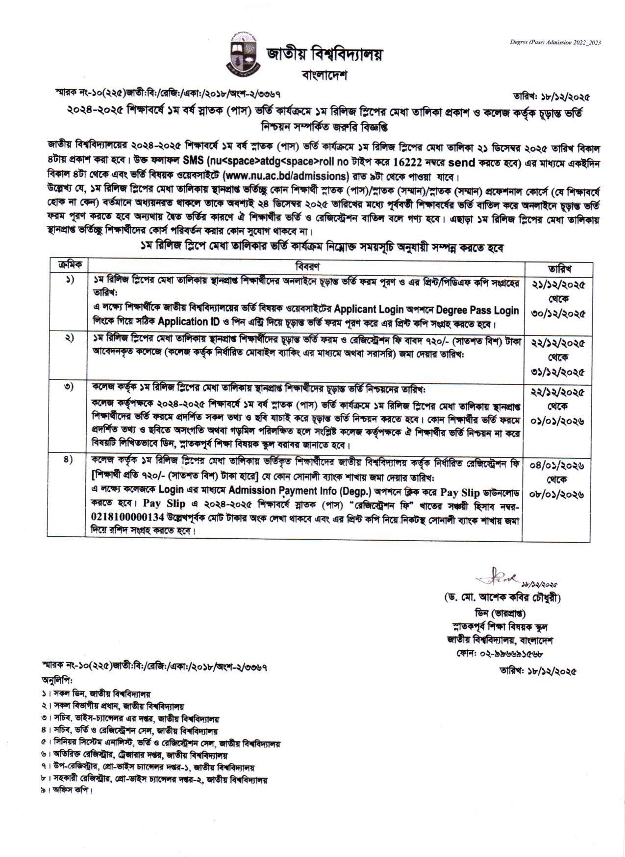 ১ম বর্ষ স্নাতক (পাস) ভর্তি কার্যক্রমে ১ম রিলিজ স্লিপের মেধা তালিকা প্রকাশ